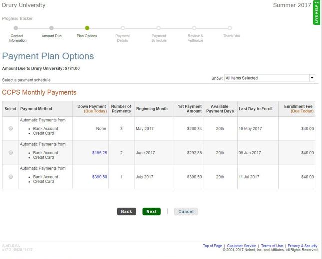 Screen capture of payment plan options.