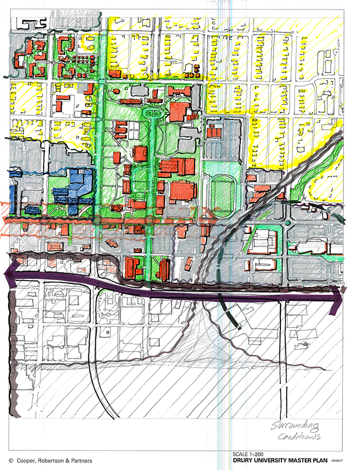 artist drawing showing drury campus and who the school should be local partners with.