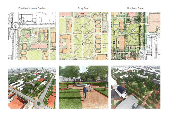 proposed artist drawings of the new Drury quad and president's house garden.