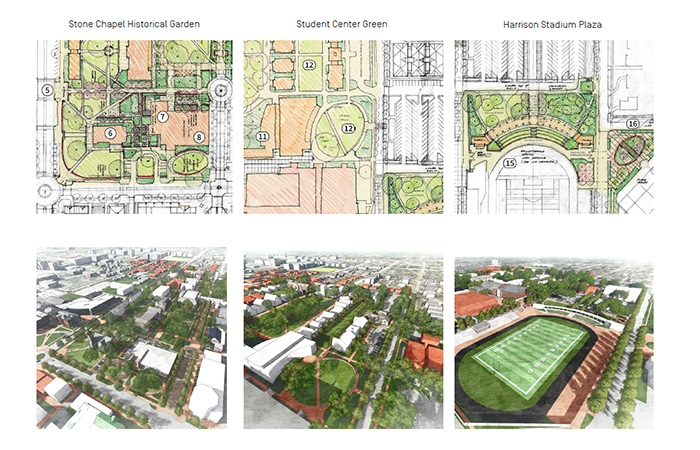 proposed artist drawings of the new stone chapel historical garden and student center green.