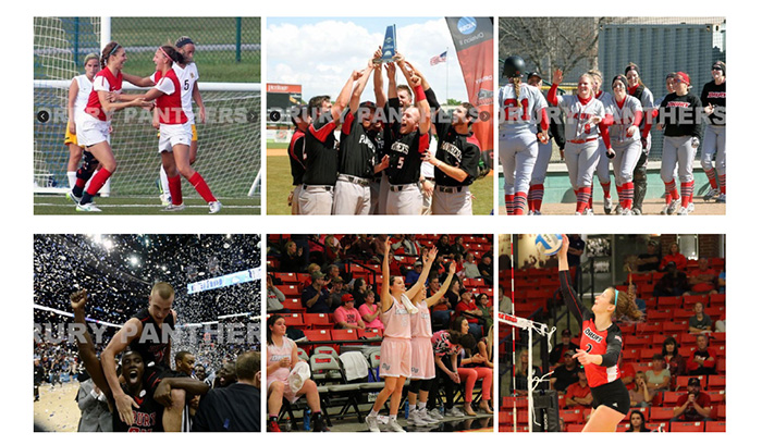 various imagery of Drury athletics including basketball, baseball, and soccer. 