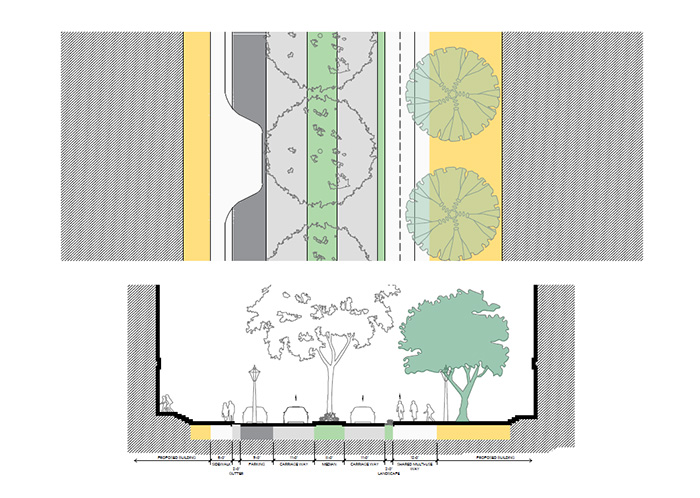 artist drawing of Central Street streetscape with landscaping.