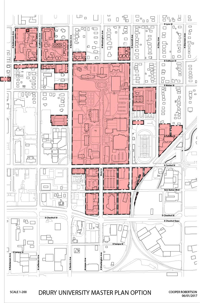 artist drawing map of drury campus showing it is not land locked in springfield.