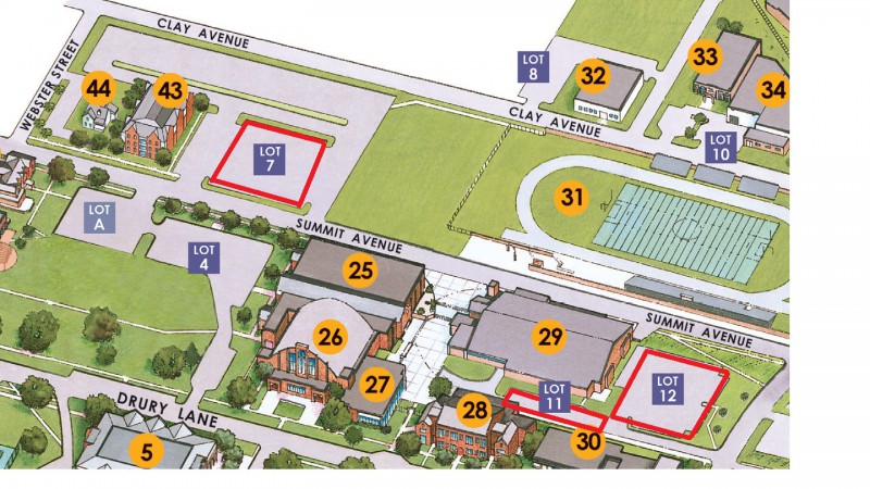 Map of the different parking lots for drury.