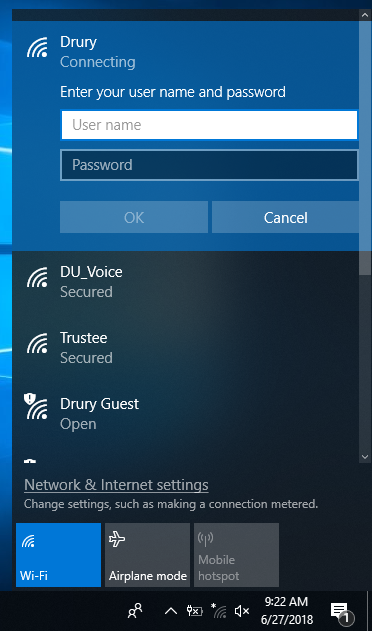 Screenshot of the username/password prompt when connecting to the Drury network.