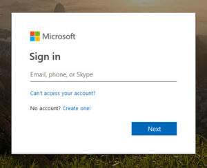Screenshot of the Microsoft sign in screen.