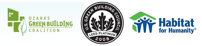 Logos for Ozarks Green Building Coalition, U.S. Green Building Council, and Habitat for Humanity.