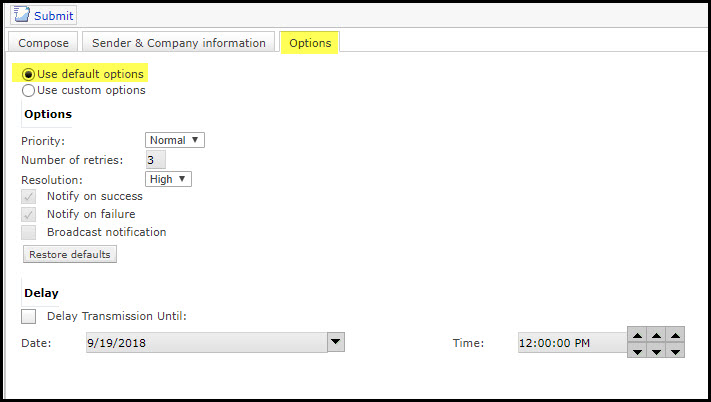 Screenshot of the Options tab on XMediusFAX.