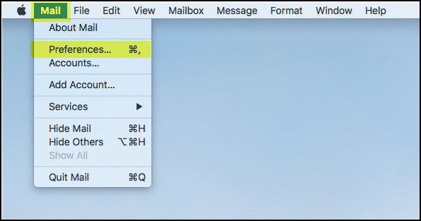 Screenshot of the Mail tab in the Mac header with Preferences highlighted.