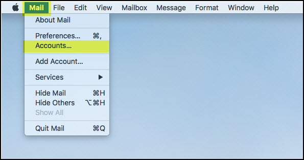 Screenshot of the Mail tab in the Mac header with Accounts highlighted.