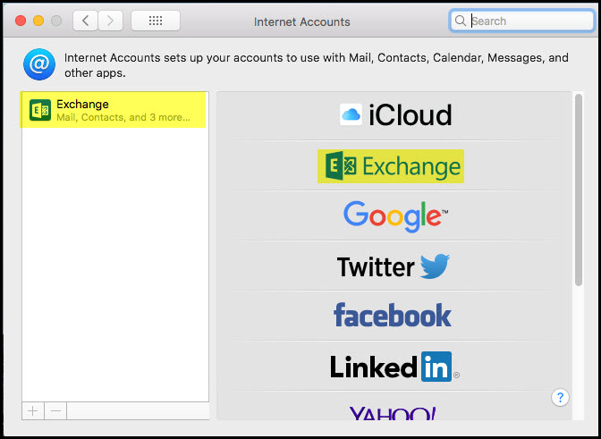 Screenshot of the Internet Accounts tab with Exchange highlighted.