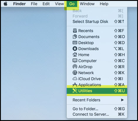 Screenshot of the Go tab in the Mac header with the Utilities option highlighted.
