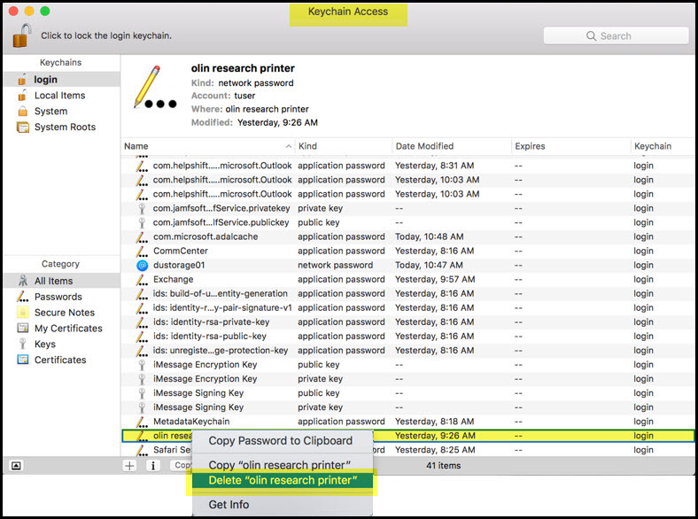 Screenshot of the Keychain Access tab with "Delete 'olin research printer'" highlighted.