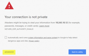 Screenshot of "your connection is not private" warning screen.