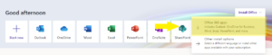 Screenshot of the Office 365 tab with Office 365 apps highlighted.