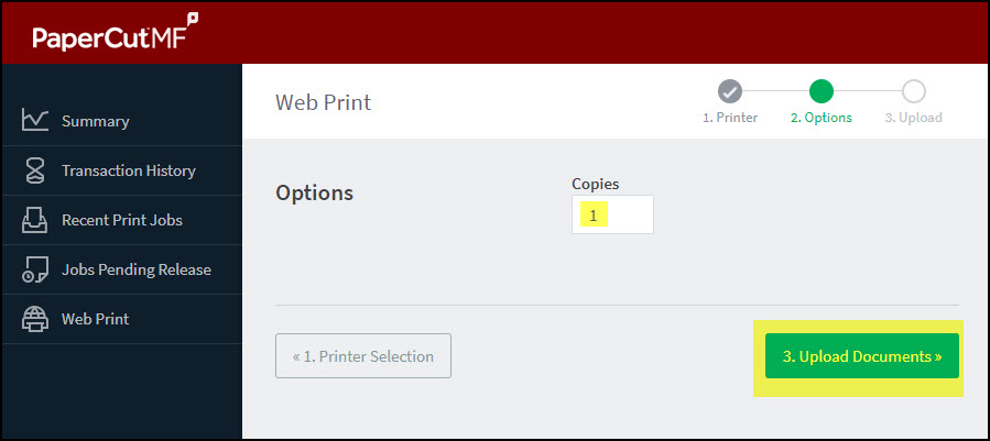 Screenshot of the "upload documents" button on web print screen.