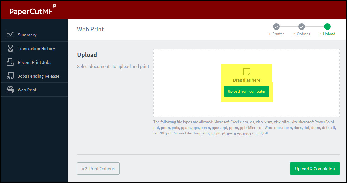Screenshot of the "upload from computer" button on web print screen.