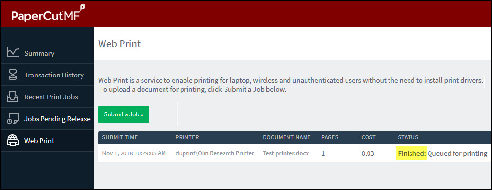 Screenshot of the status screen on the web print screen.