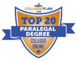 Top 20 paralegal degree programs logo.